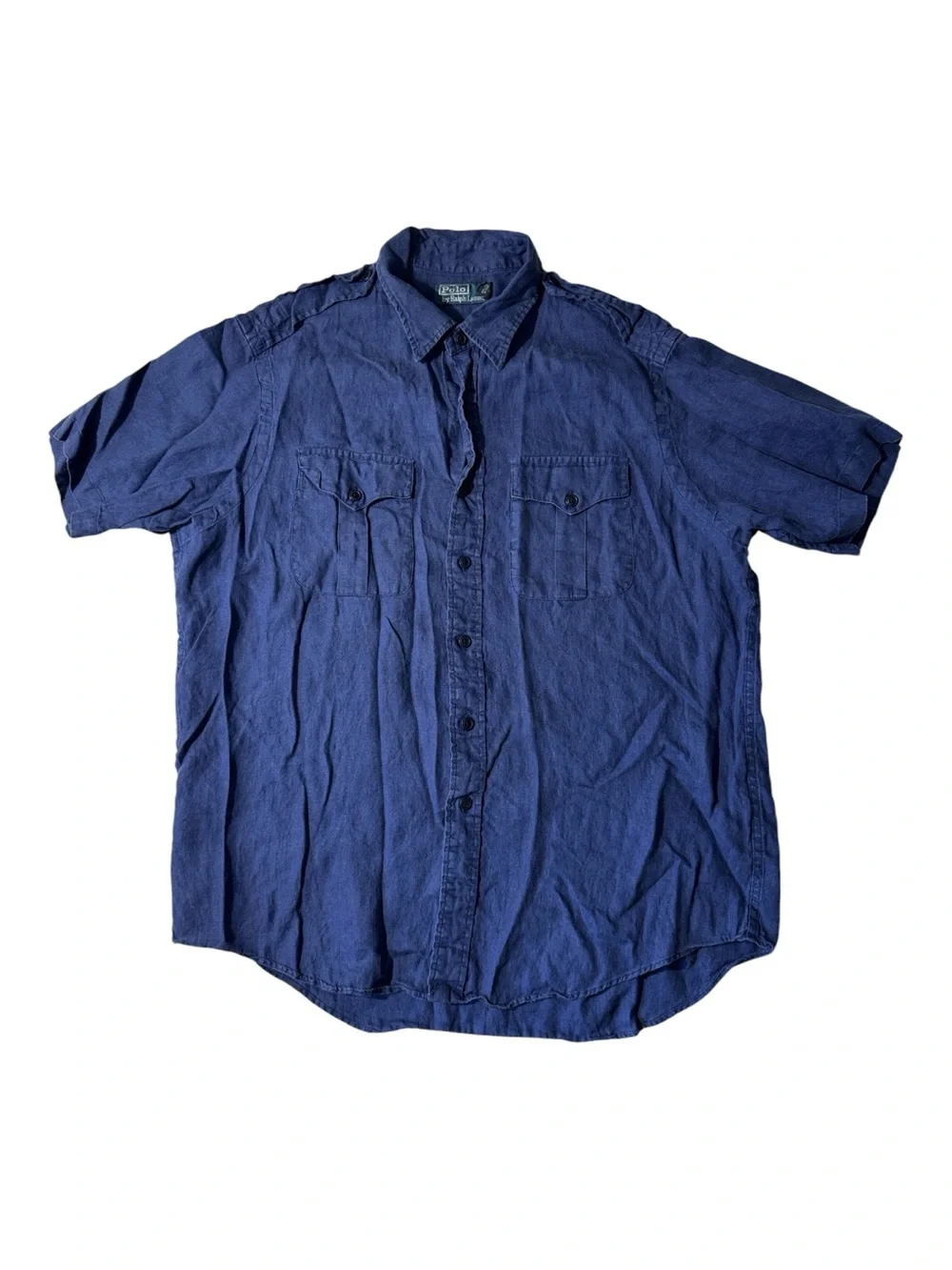 Polo Ralph Lauren mens XL blue solid 100% linen short sleeve button up shirt EUC